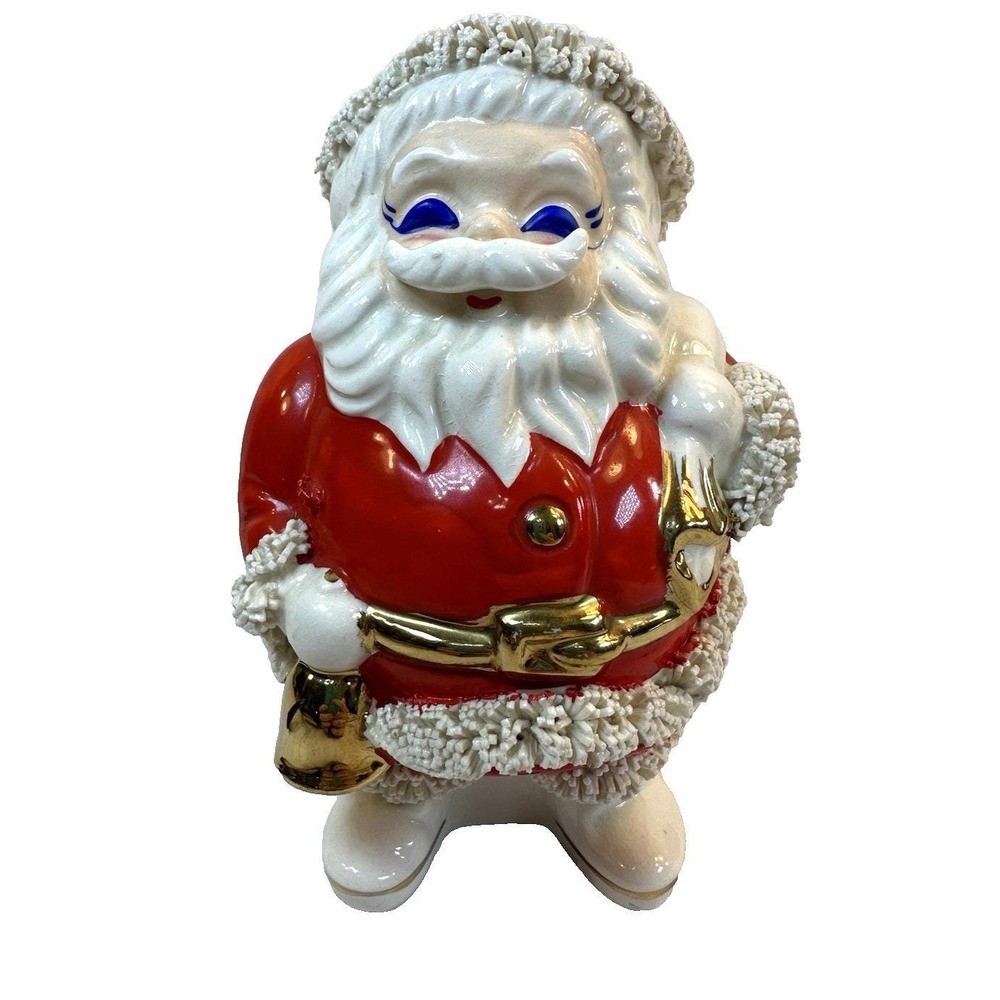 Vintage 1950s Mid-Century Ceramic Santa Claus Coin Bank with Spaghetti Trim